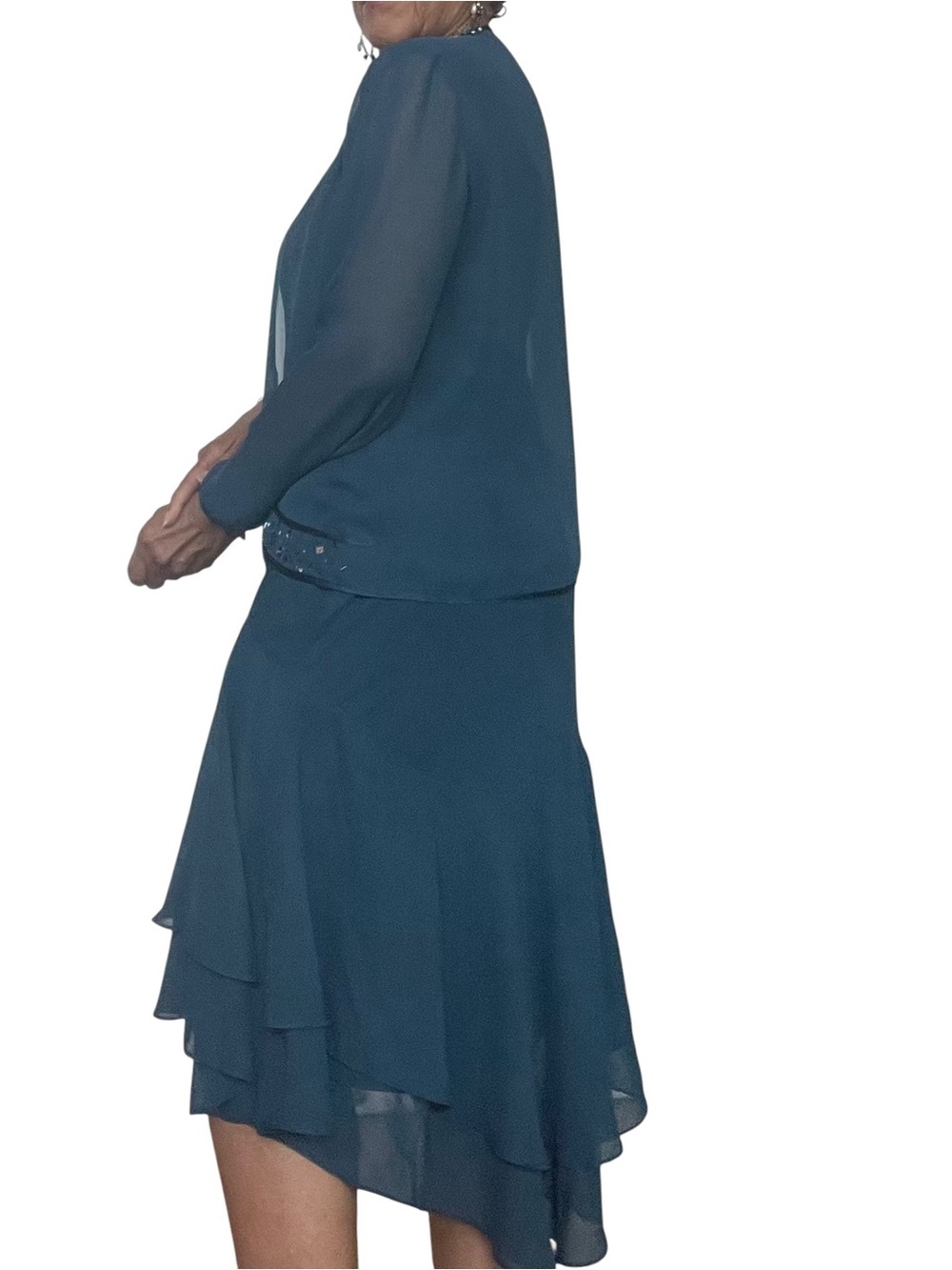 S.L. Fashions Teal Layered Midi Dress with Beaded Jacket - Picture 4 of 12